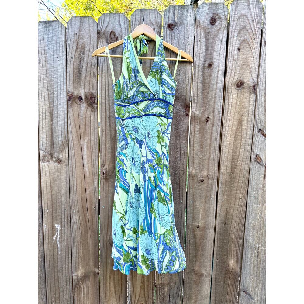 Vintage halter slip dress in lagoon blue + lime abstract floral — fits XS